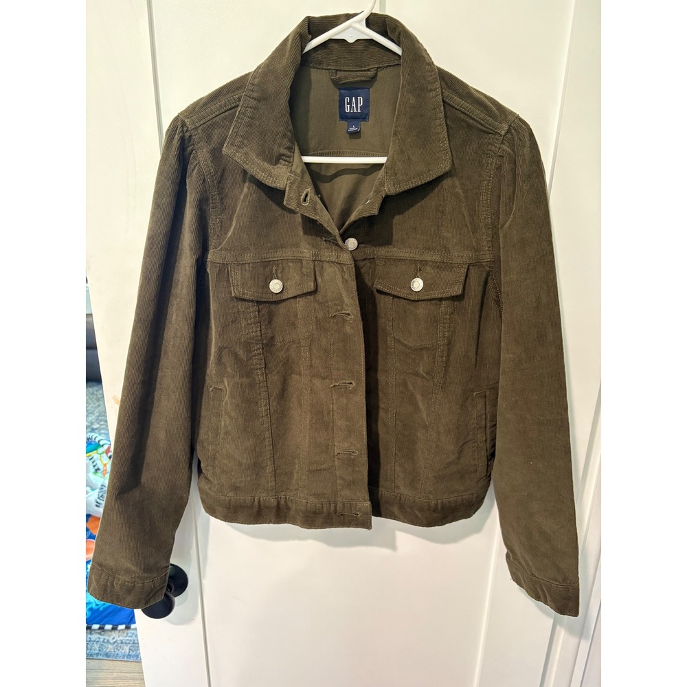 Gap Womens Olive Green Corduroy Trucker Jacket Size L Cotton Stretch Button Up